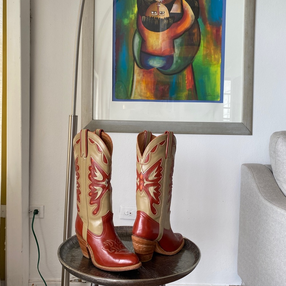 VINTAGE “Miss Capezio” Tan and Red Butterfly Cowboy Boots